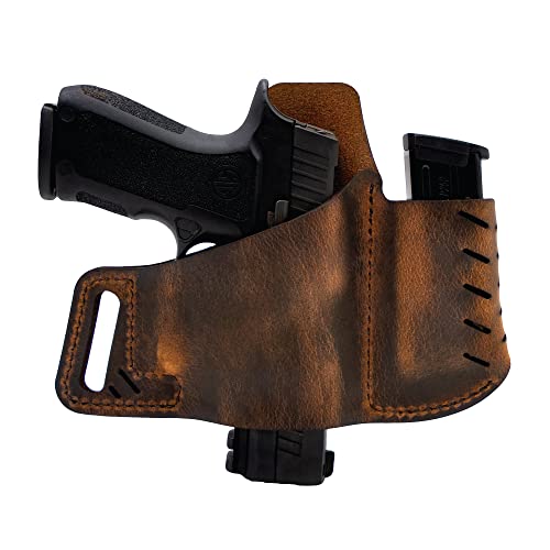 Versacarry Commander Leather Holster – Sizes to Fit Most Pistols - Outside The Waistband Carry – Holds Spare Magazine – USA Crafted (Distressed Brown, Size 2 - Fits Most 1911 Style Pistols) - 2023 - Versacarry