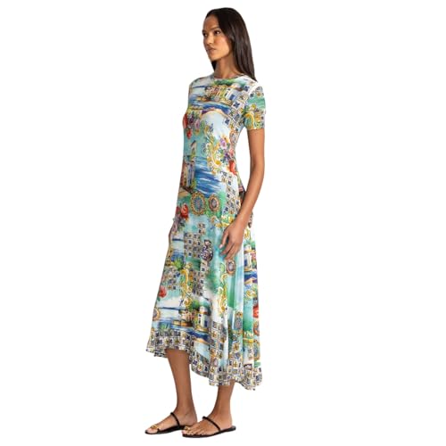 Johnny Was Janie Favorite Christy Asymmetric Hem Short Sleeve Dress Floral Green Blue New2