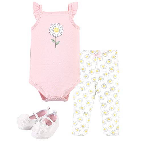 Hudson Baby Unisex Baby Cotton Bodysuit, Pant and Shoe Set, Pink Daisy, 3-6 Months