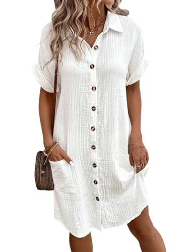 Achinel Long Shirt Dress Womens Button Down Summer Dress Ladies Short Sleeve Beach Cover Up Shirt Dress V Neck Casual Midi Dress White XXL