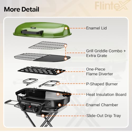 Image of Flintex Portable Propane Gas Grill, 340 SQ.IN. 2-Burner Foldable BBQ Grills, 2-in-1 Outdoor Camping Griddle Combo for Travel Tailgating, Green