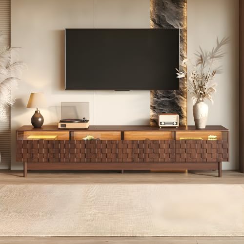 Image of Merax 78 inch TV Stand for TVs Up to 85 inch, Modern Entertainment Center with LED Lights, 4 Drawers & Glass Front, Media Console with Unique Mosaic Front Design for Living Room