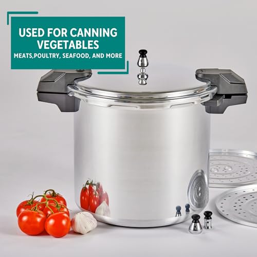 MIRRO 22qt Aluminum Pressure Canner with 3 Regulators & double Cooking Racks, 5/10/15 PSI