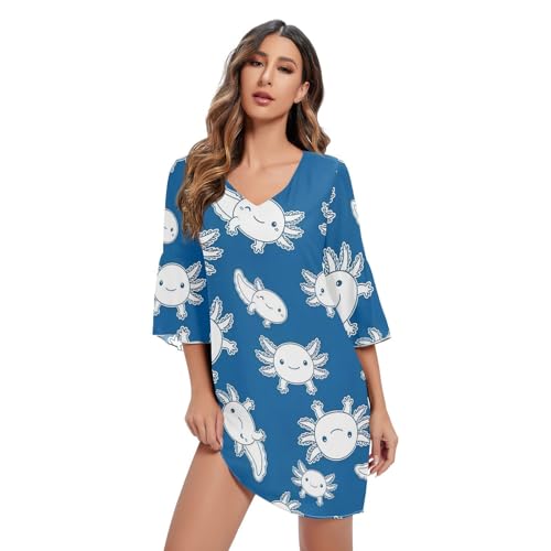 Robe de plage hawaïenne femme mousseline bleu vêtement de vacances axolotl