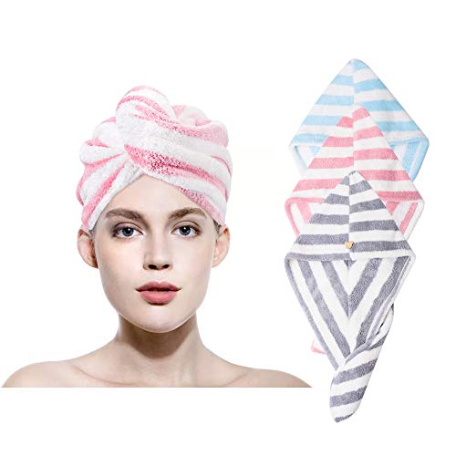Microfiber Hair Towel, UUJOLY Hair Towel Wrap, Absorbent Hair-Drying Towel Wrap for Women and Girls, 3 Pack (Pink & Blue & Gray)