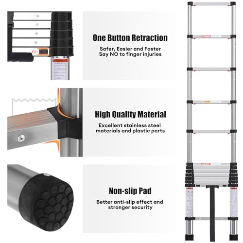 Dajianglx Telescoping Ladder, 12.5Ft One Button Retraction Stainless Steel Telescopic Ladder With Non-Slip Feet, Slow Down Design Multi-Purpose Compact Collapsible Extension Ladder For Homeuse Rv Attic thumb #6