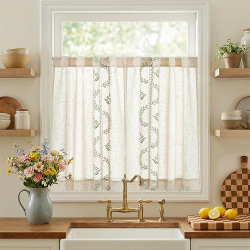 Image of jinchan Green Floral Linen Kitchen Tier Curtains 36 Inch, 2 Panels