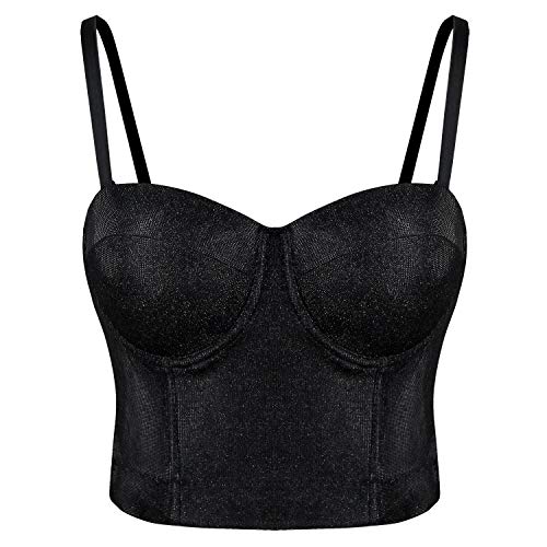 Charmian Women's Punk Metallic Glitter Corset Bustier Spaghetti Straps B Cup Push Up Clubwear Crop Top Bra Black Large