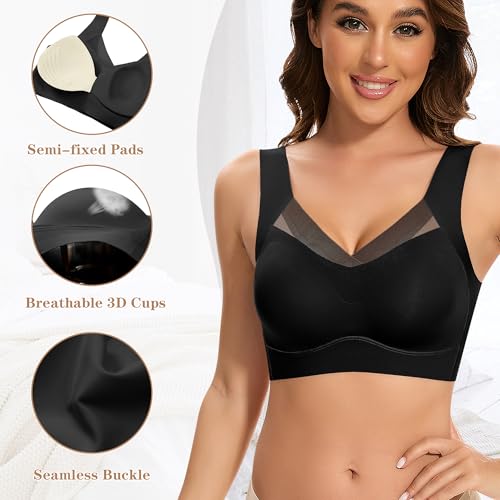 DOCUMO Seamless Bras for Women No Underwire Back Smoothing T Shirts Bralette(Black,Medium)3