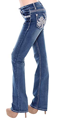 Jack David/La Idol/Sexy Couture Women's Rhinestone Mid Rise Bootcut/Skinny Blue Stretchy Denim Jeans Pants #TOP1