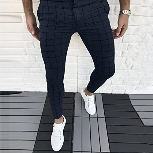 Mens Plaid Slim Fit Dress Pants Stretch Flat-Front Casual Skinny Long Pants Business Golf Pencil Chinos With Pocket #TOP1