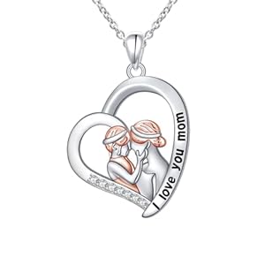 DAOCHONG Mother’s Day Gift Mother Holding Child Sterling Silver Mothers Love Heart CZ Pendant Necklace for Women Mother Grandmother
