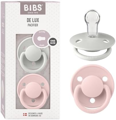 BIBS Pacifiers - De Lux Collection | BPA-Free Round Nipple | Silicone | Made in Denmark | Set of 2 Blossom/Haze Color Premium Soothers | Size One Size