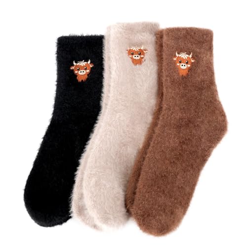 QBEJIME Highland Cow Gifts For Women 3 Pairs Fluffy Socks Womens Bed Socks Winter Soft Fuzzy Thermal Socks For Women For Christmas Mothers Day Gifts For Ladies Home Sleep