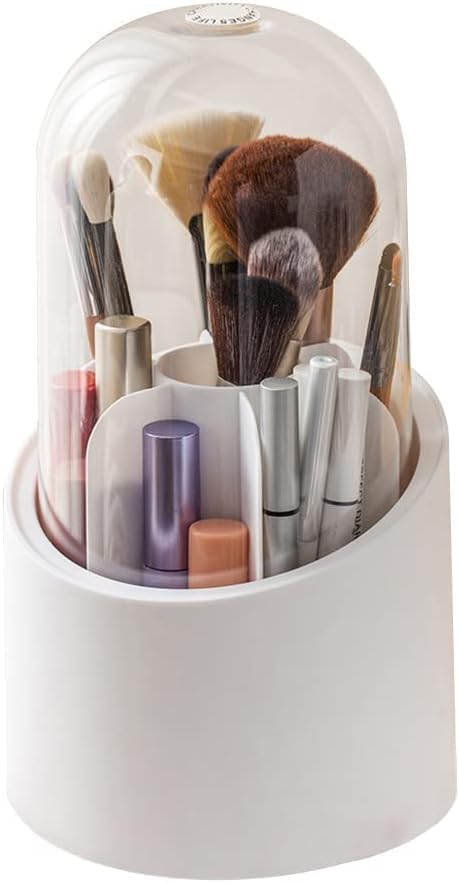 ZITWA 360° Rotating Makeup Brush Holder | Transparent Brush Organizer Cosmetics Box with Lid | Dust-Proof Vanity Desktop Bathroom Counter Cosmetic Accessory - White (1-Piece)-image-16