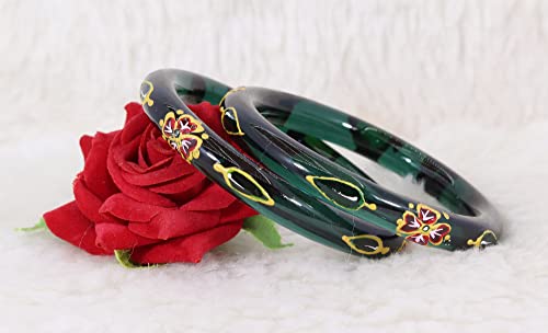 Image of NMII Traditional Glass With Diamond Cutting Pattern Glossy Finished Stylish Kada Set For Women And Girls | Crystal Glass Kada Bangles Set For Wedding, Festive