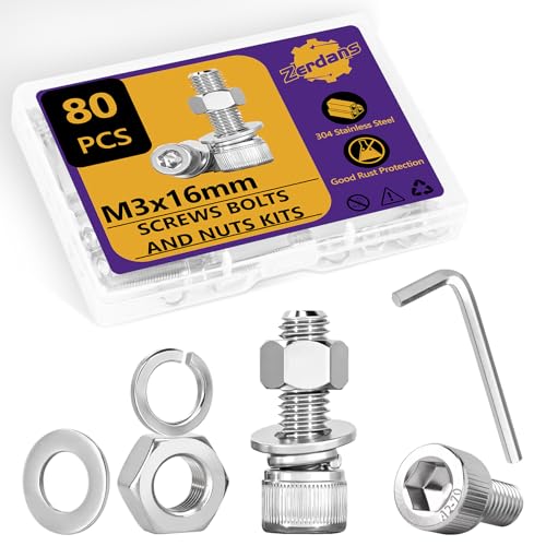 80Stk M3 Schrauben Set, M3x16mm Sechskantschrauben Muttern Set, Edelstahl Zylinderschrauben Innensechskant Schrauben mit Muttern und Unterlegscheiben Set, Maschinenschrauben Gewindeschrauben Sortiment