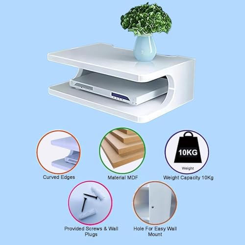 Image of Floating Wall Mounted TV Shelf for Set Top Box, WiFi Router, Gaming Console & Decorative Items | Modern Wall Storage Rack for Living Room, Bedroom & Office (White)