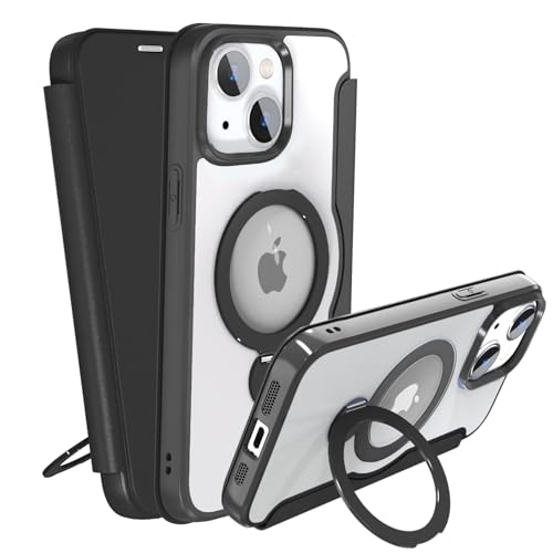 IIKAYO iPhone 15 用 ケース 手帳型 カード収納 背面クリア MagSafe対応 リング付き 360°回転スタンド軽い 薄型 耐衝撃 全面保護 縦横両対応 レザー素材 マグセーフ対応 おしゃれ 黒の商品画像（Amazon）