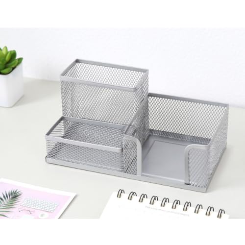 TICKH Organizador de Mesa de Metal Aramado 3 Divisorias Prata Porta Lapis Porta Caneta Clips Cartao
