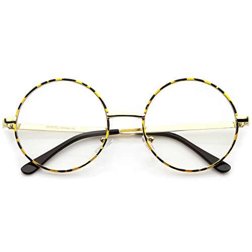zeroUV Retro Celebrity Style Mid Size Metal Frame Clear Lens Round Glasses 51mm (Tortoise-Gold/Clear)