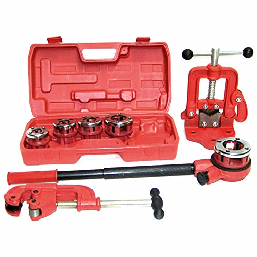 GDAE10 Pipe Threader Ratchet Type w/ 5 Dies Set + Pipe Cutter #2 + Clamp on Pipe Vise #1, Tap Bar Head Handheld Handle Threading Plumbing Hand Tools