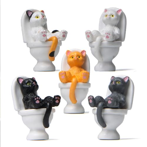 KARLOR Mini Kitten Figures, 5 Pieces Miniature Cats Sitting on Toilet, Small Cat Figure, Table Decoration, Funny Cat Figurine Kittens Ornaments for Car Computer desktop Aquarium Toilet Decoration