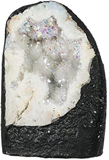Nupuyai Angel Aura Quartz Geode Stone, Titanium Coated Natural Rock Crystal Cluster Specimen for Reiki Healing Home Decor 100-200g, Blue