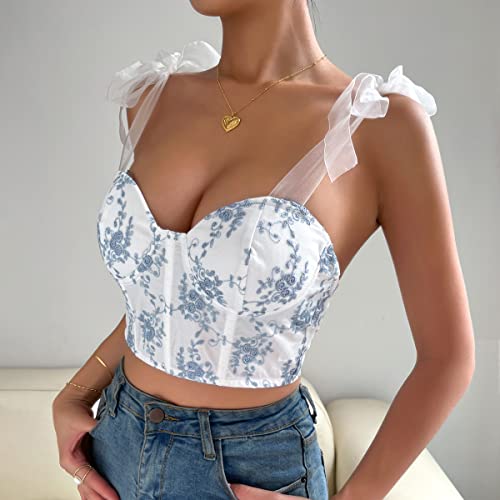 Women\'s Embroidered Lace Sleeveless Cami Crop Top Lace-up Camisole Corset Tops - Thumbnail 3