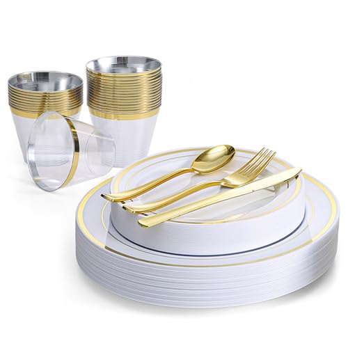 150 Pcs Réutilisable Couverts en Plastique Doré, 25 Assiettes Plate, 25 Assiettes à Salade, 25 Couteaux, 25 Fourchette, 25 Cuillère, 25 Tasse, pour Mariage Jardin Fête
