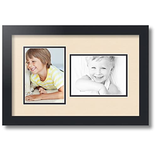ArtToFrames Collage Photo Frame Double Mat with 2-5x7 inch Openings with Black Frame and French Creme Top Mat