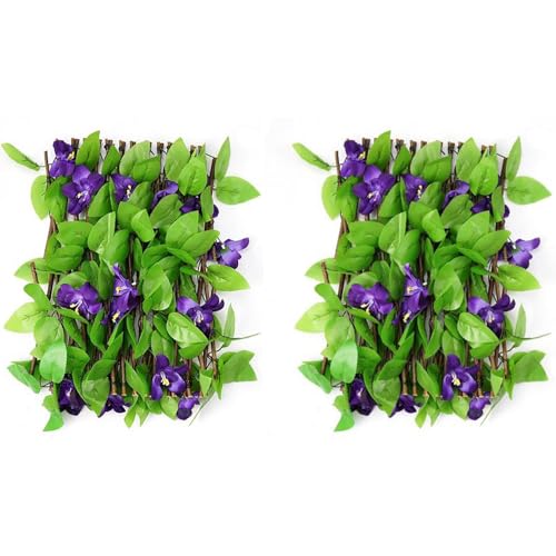 Expanding Garden Trellis Panels - 200x40cm Expandable Garden Fence Screening with Artificial Ivy and Violet Flower | Expandable Fence Privacy Screen | Faux Ivy Privacy Screen | Garden Greenery Ba