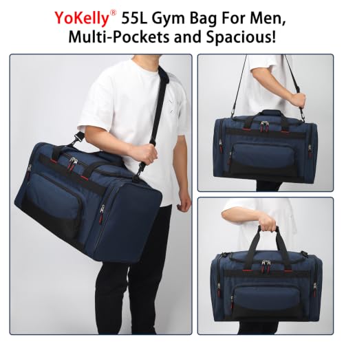 Image of Gym Bag 22 inch Sport Duffle Bag for Men, Navy Blue | 55L, Large Capacity, Multi Pockets, Weekender, Travel, 22 inchx12 inchx13 inch