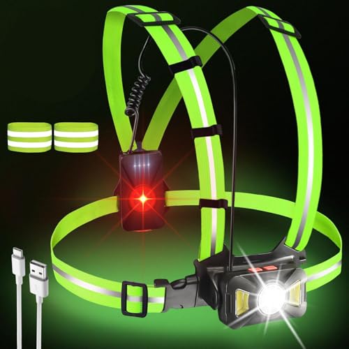 Lauflicht mit 2 Reflektoren, LED Lauflampe mit 2 Reflektorbänder 5 Lichtmodi Taschenlampe USB Wiederaufladbare Brustlampe Läufen 65° Einstellbarer...
