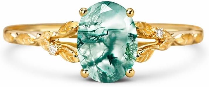 Oval Green Moss Agate Engagement Ring 14K Yellow Gold Nature Inspired Leaf Design with Diamond Accents Unique Bridal Promise Jewelry Gift for Her