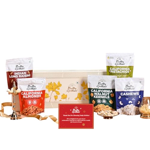 Image of Nutty Gritties Platinum Hamper Diwali Gift Box 1KG | Festive Assortment with Almonds, Cashews, Raisins, Pistachios & Walnuts (200g Each) | Healthy Gourmet Snack Hamper | Premium Gift for Family, Friends & Corporate Celebrations
