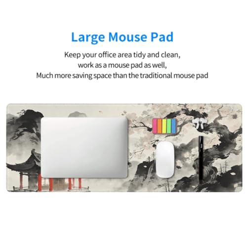 Image of Watercolor Painting Japanese Mouse Pad 31.5x11.8 XL Red Black Grey Cherry Blossoms Extended Large Mousepad Keyboard Mouse Mat Desk Pad with Non-Slip Rubber Base Stitched Edges for Home Office Game