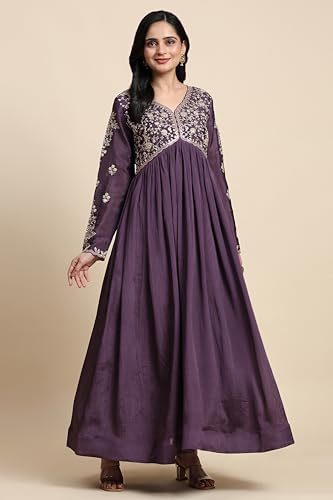 Image of TRENDMALLS Women's Silk Blend Embroidery Sequence Work Anarkali Kurta Pant Set with Dupatta For Women