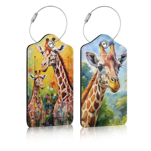 Luggage Tag for Suitcases 2 pcs, Giraffe PU Leather Luggage Tag with Privacy Cover ID Label for Women Men Travel
