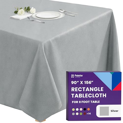 Image of Gee Di Moda Rectangle Tablecloth - 90 x 156 Inch Silver Table Cloth for 8 Foot Tables with Floor-Length Drop - Heavy Duty Washable Fabric for Holiday Party, Dinner, Weddings & Baby Shower