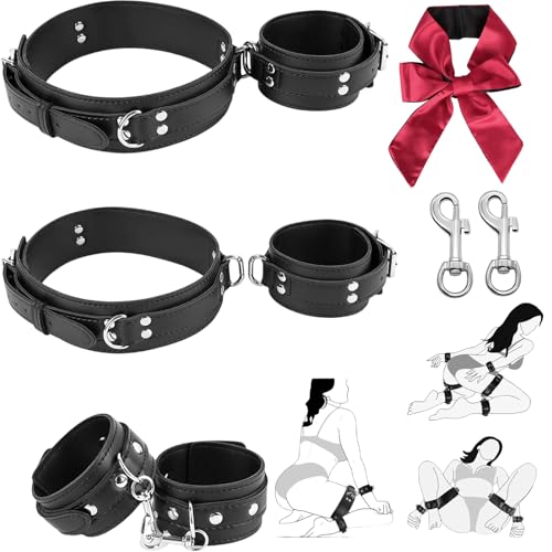 BDSM Sex Bondage Restraints Kit Sex Toy, 3 in 1 Wrist Thigh and Ankle Straps, Leather Bed Restraints with Adjustable Leg Straps Handcuffs & Blindfolds, Adult Sex Toys for Couples Women Beginner