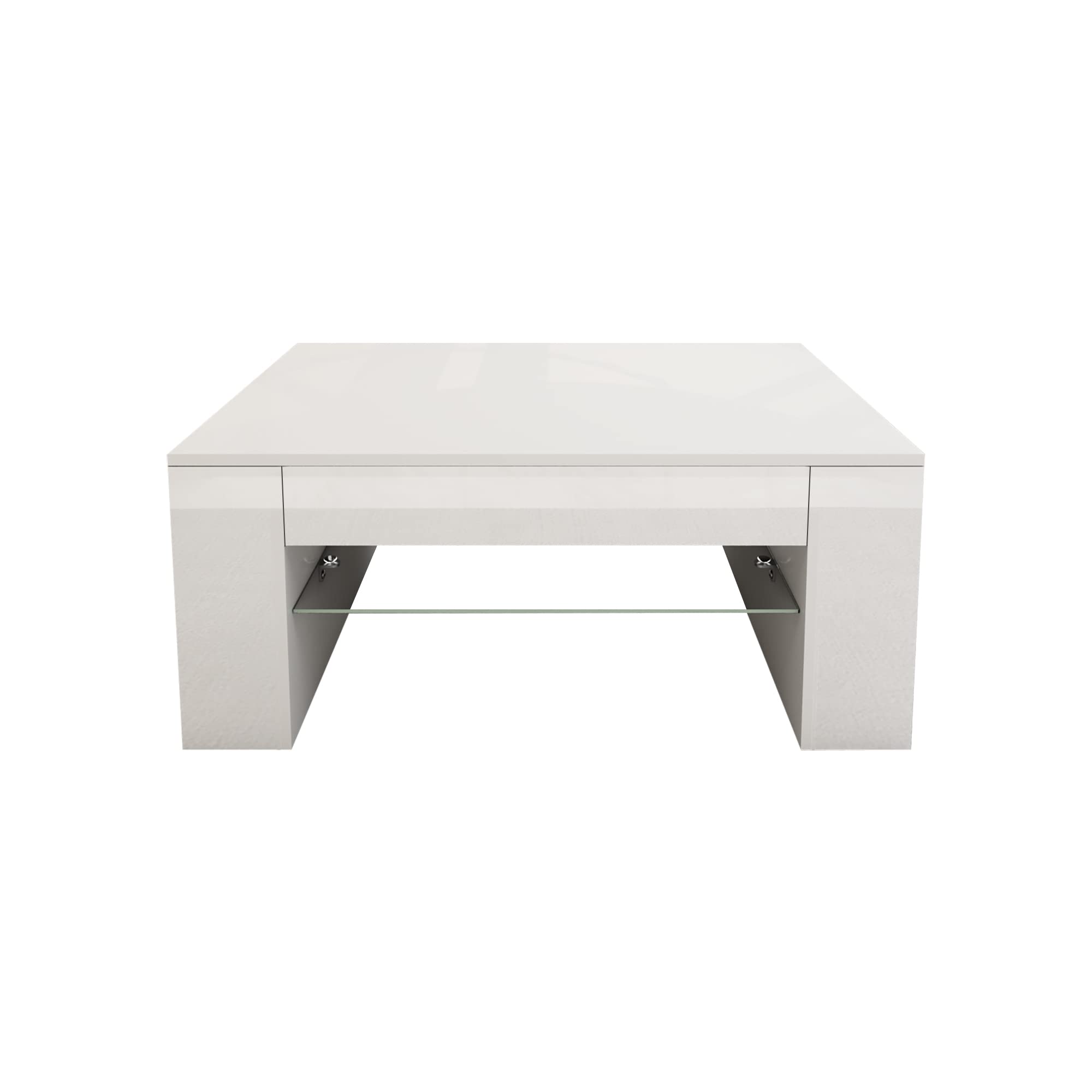 ML-Design Mesa de Centro y Estante de Almacenamiento 100 x 42 x 60 cm Revestido Blanco con Balda de Vidrio y 4 Compartimentos Laterales Elegante Mesita de Café Rectangular para Salón