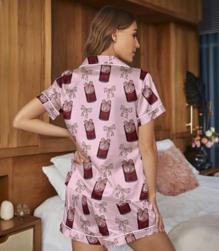 Image of Women 2PCs Satin Pajama Set Short Sleeve Silk Feel Gift Sleepwear