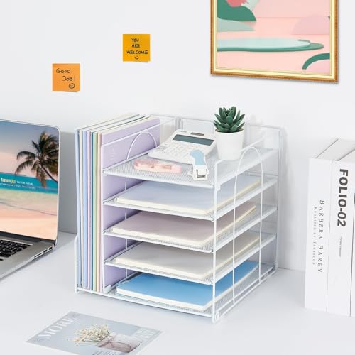 Desk Organizer with File Holder, Organisateur et Accessoire de Bureau, 5-Tier Paper Letter Tray, Mesh Desktop File Organizers, Organization and Storage for School, Home, Office (Wh image 6