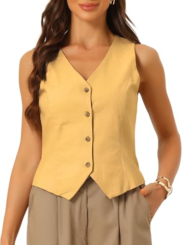 Allegra K Blazer sans Manches Femme Gilet Boutonné de Bureau Col en V Veste Courte Gilet de Costume Blazer d'affaire Jaune S