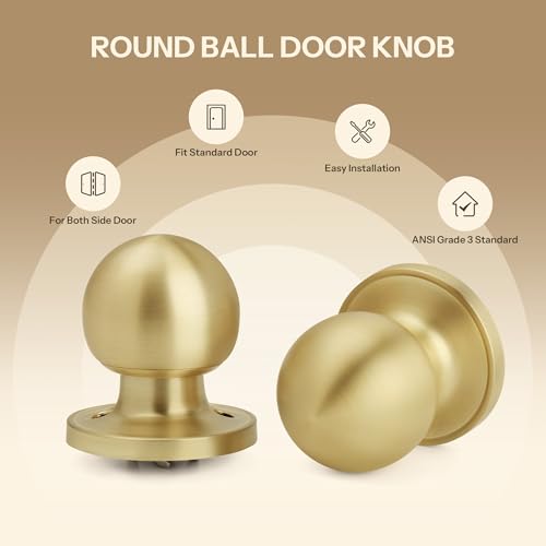 LOQRON Brushed Gold Ball Design Door Knob No Lock, Passage Round Shaped Non-Locking Doorknob for Hallway/Closet, Satin Brass Finish