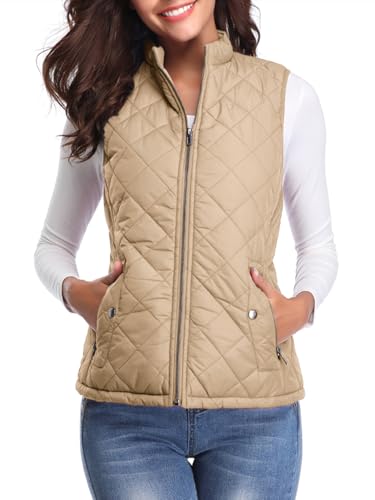 fuinloth Damen Weste, Herbst Leichte Steppweste Westen Ärmellos Jacke Kurz Vest Gilet Khaki M