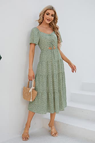 Taurus Women's Summer Boho Floral Printed Midi Dress Short Sleeve Ruched Front Drawstring Sundress Sexy Cut Out Beach Dresses Green Floral Large #TOP2