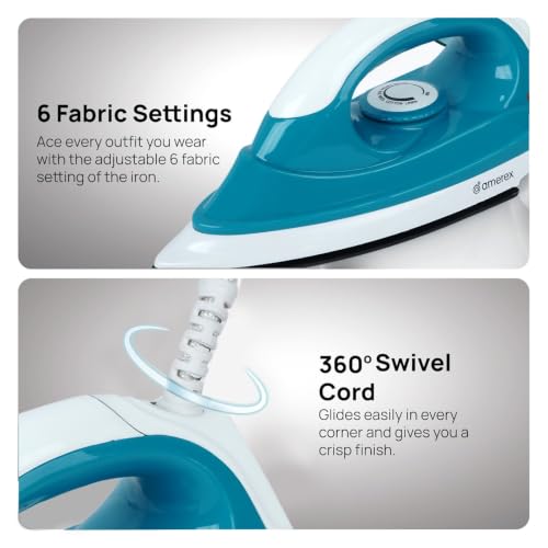 Image of 1000W Dry Iron with Non-Stick Soleplate Fast Heating Clothes Iron | 6 Adjustable Fabric Temperature Settings | 360 Swivel Cord | Lightweight Ergonomic Design for Smooth Ironing