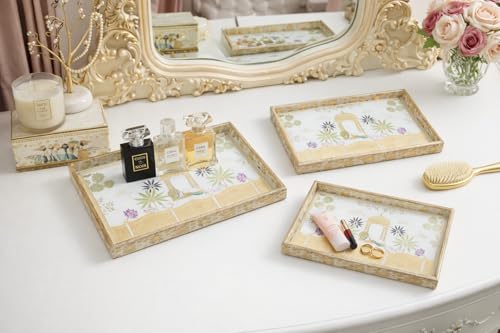 Image of Wooden Enamel Coated Serving Tray Set of 3 for Home Decor Multipurpose Rectangular Trays for Kitchen Living Room and Coffee Table with Printed Design (C-2)